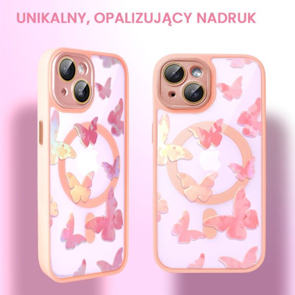 etui do iphone 14 magsafe hybrid color cienkie z kolorową ramką i ochroną aparatu, opalizujący nadruk motylki, piaskowy róż