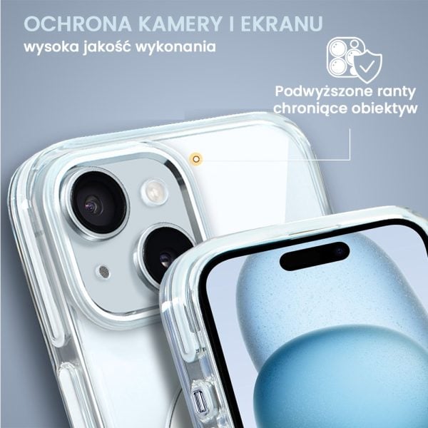 etui do iphone 15 pro max clear steel magsafe, z podstawką, przeźroczysty tył, czarna ramka