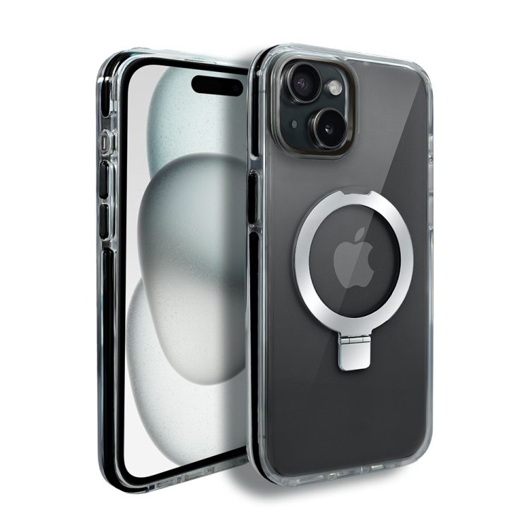 etui do iphone 15 clear steel magsafe, z podstawką, przeźroczysty tył, czarne