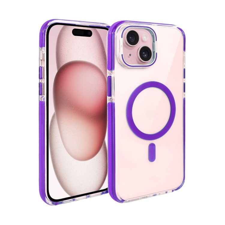 etui do iphone 15 color magsafe, twardy krystaliczny tył, z podstawką, purpurowe