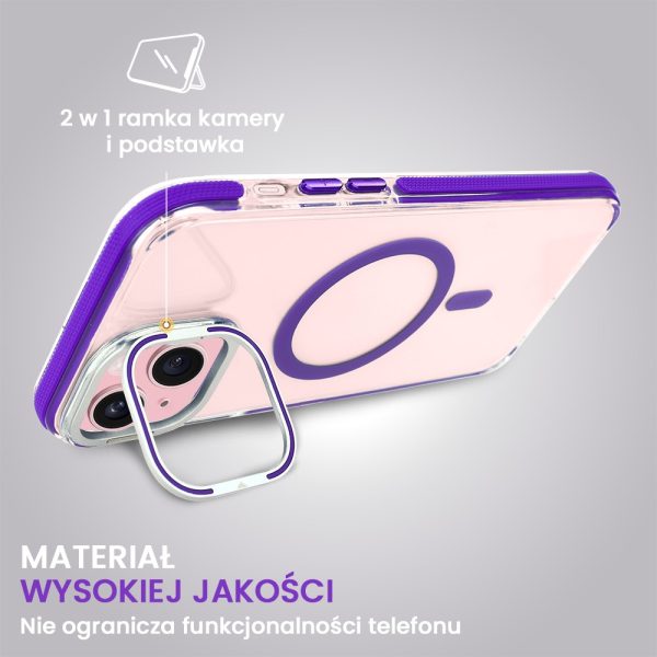 etui do iphone 15 color magsafe, twardy krystaliczny tył, z podstawką, purpurowe