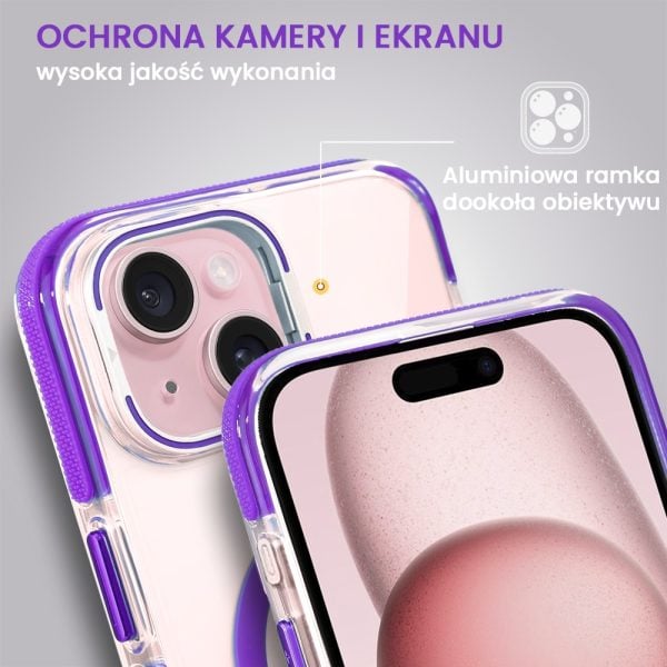 etui do iphone 15 color magsafe, twardy krystaliczny tył, z podstawką, purpurowe