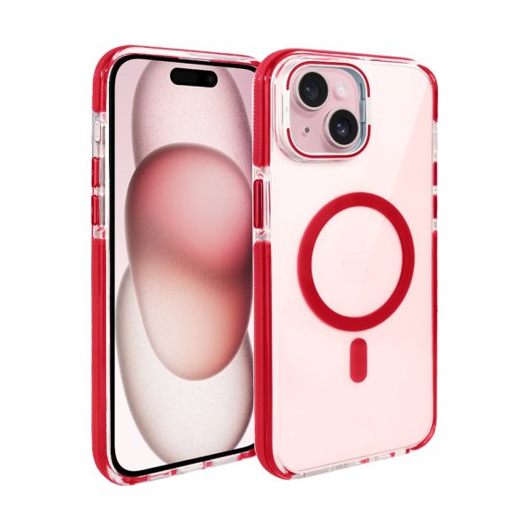etui do iphone 15 hard color magsafe, twardy krystaliczny tył, z podstawką, czerwone