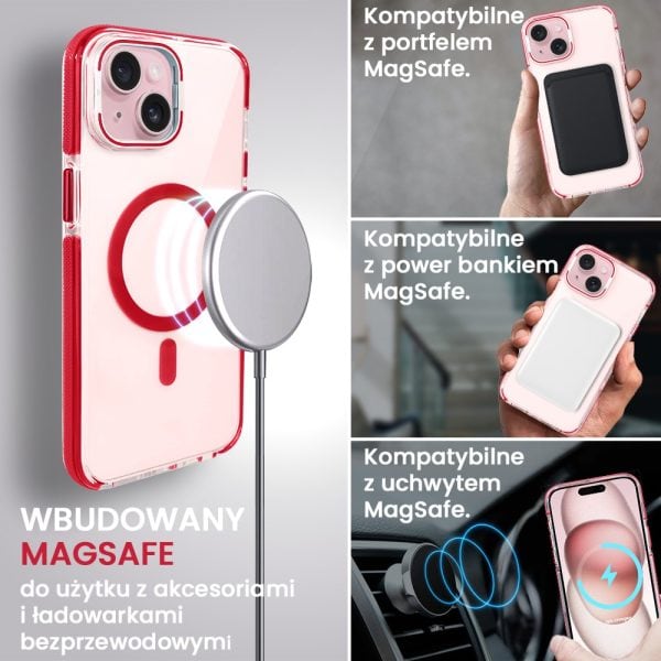 etui do iphone 15 hard color magsafe, twardy krystaliczny tył, z podstawką, czerwone