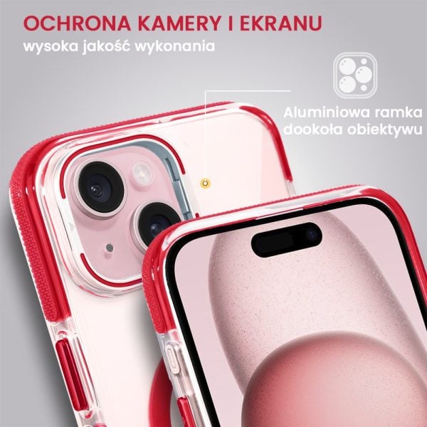 etui do iphone 15 hard color magsafe, twardy krystaliczny tył, z podstawką, czerwone
