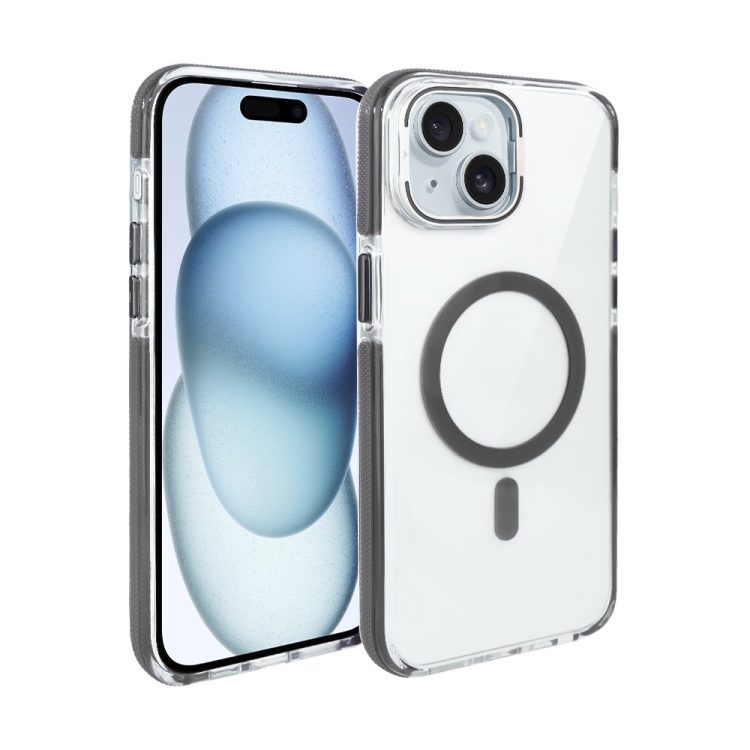 etui do iphone 15 hard color magsafe, twardy krystaliczny tył, z podstawką, szare