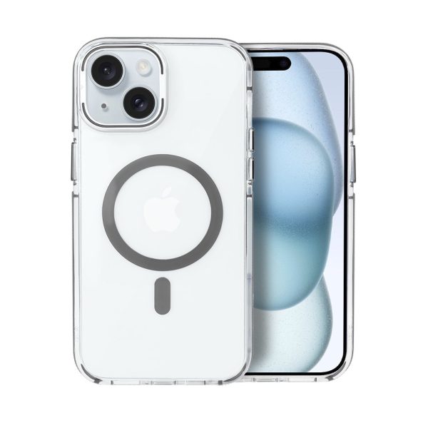 etui do iphone 15 hard color magsafe, twardy krystaliczny tył, z podstawką, szare