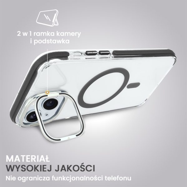 etui do iphone 15 hard color magsafe, twardy krystaliczny tył, z podstawką, szare
