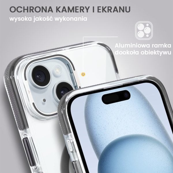 etui do iphone 15 hard color magsafe, twardy krystaliczny tył, z podstawką, szare