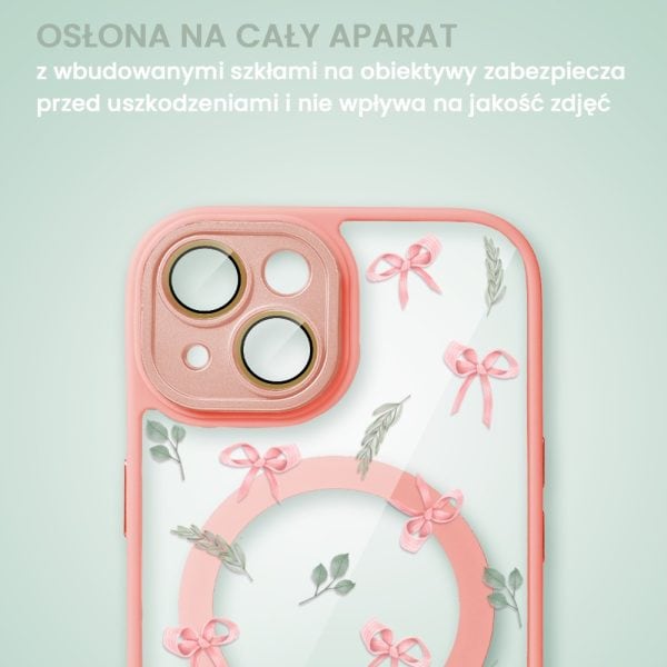 etui do iphone 15 magsafe hybrid color cienkie z kolorową ramką i ochroną aparatu, kokardki, piaskowy róż