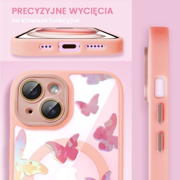 etui do iphone 15 magsafe hybrid color cienkie z kolorową ramką i ochroną aparatu, opalizujący nadruk motylki, piaskowy róż