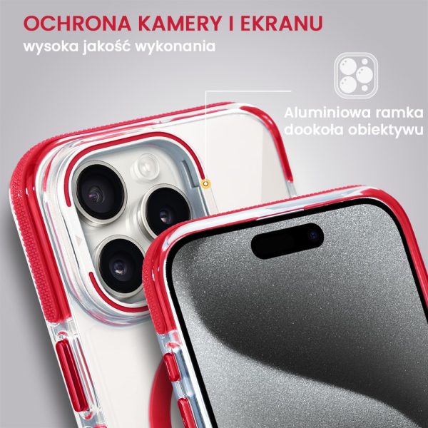 etui do iphone 15 pro hard color magsafe, twardy krystaliczny tył, z podstawką, czerwone