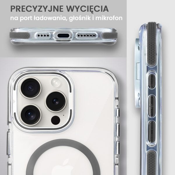 etui do iphone 15 pro max hard color magsafe, twardy krystaliczny tył, z podstawką, szare