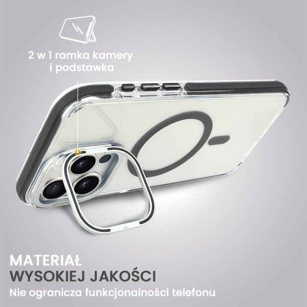 etui do iphone 15 pro max hard color magsafe, twardy krystaliczny tył, z podstawką, szare