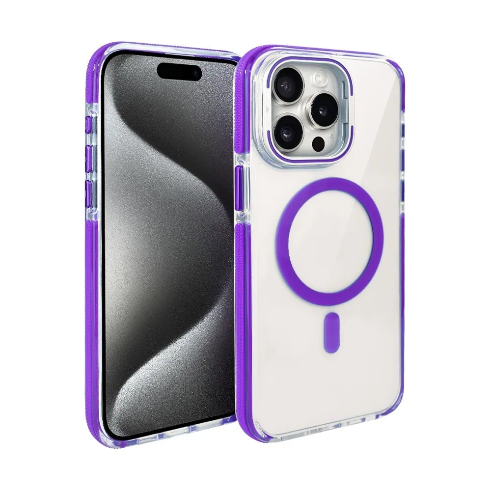 etui do iphone 15 pro max hard color magsafe,twardy krystaliczny tył, z podstawką, purpurowe