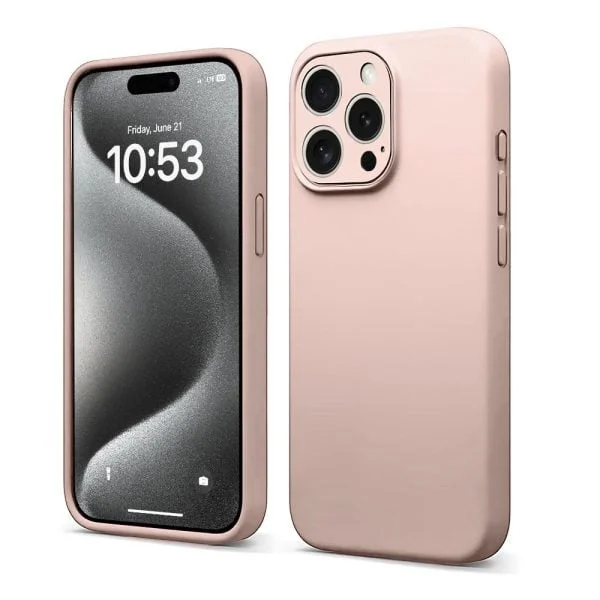 etui do iphone 15 pro silikonowe z mikrofibrą soft touch z osłoną na aparat, pudrowy róż
