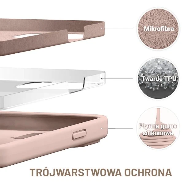 etui do iphone 15 pro silikonowe z mikrofibrą soft touch z osłoną na aparat, pudrowy róż