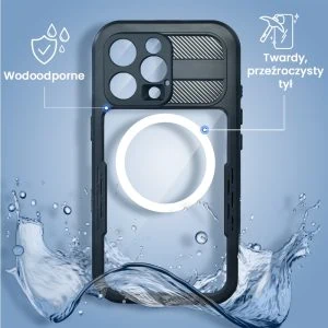 etui do iphone 16 pro max total protect z magsafe, wodoodporne, metalowe, przeźroczyste, czarne