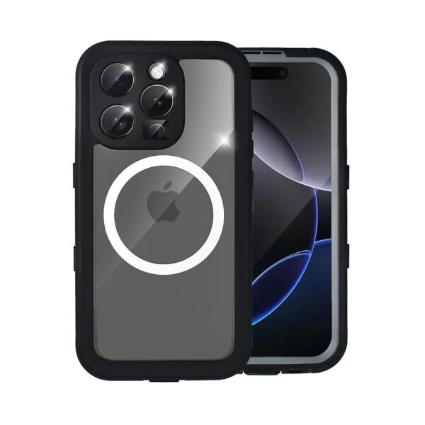 Etui do iPhone 16 Pro wodoodporne z MagSafe, pancerne, przeźroczyste, czarne