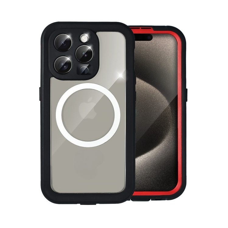 etui do iphone 16 pro wodoodporne z magsafe, pancerne, przeźroczyste, czerwone