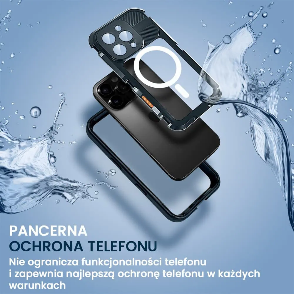 Etui do iPhone 16 Pro TOTAL Protect z Magsafe, wodoodporne, metalowe, przeźroczyste, czarne new (5)