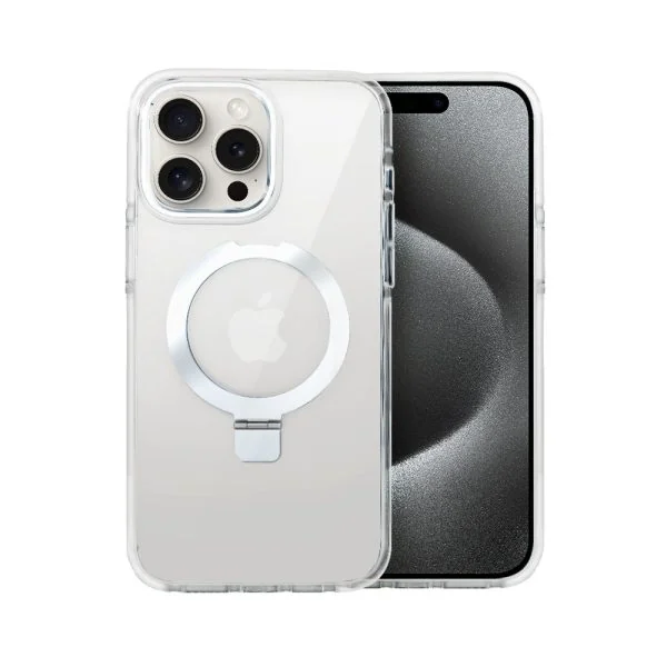 etui do iphone 15 pro max clear steel magsafe, z podstawką, przeźroczysty tył, biała ramka