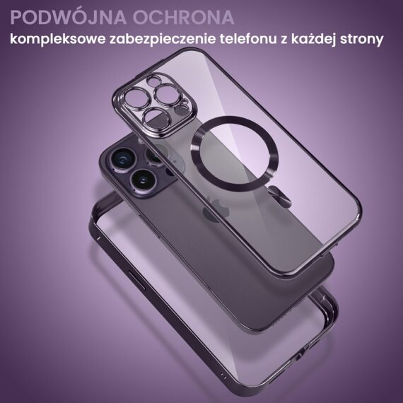 Obudowa do iPhone 14 Pro Max, podwójna szyba i polerowane aluminium 360° zamykany przód + tył z MagSafe, purpurowa pop