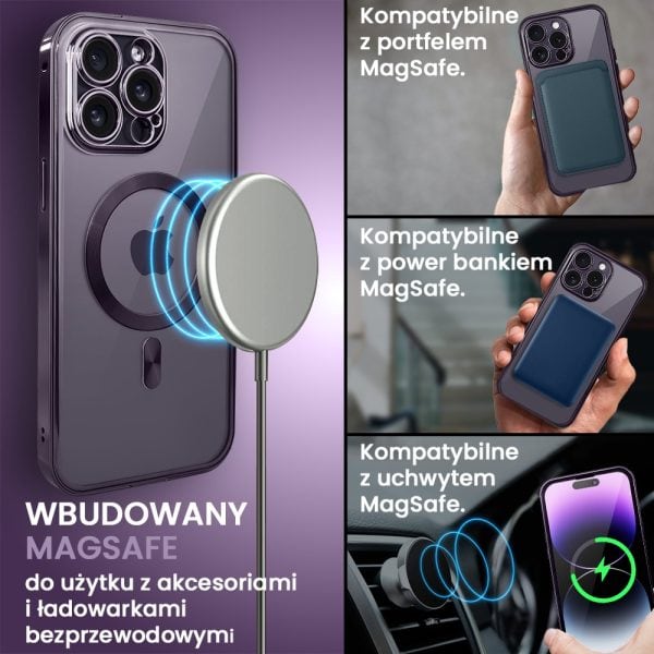 obudowa do iphone 14 pro, podwójna szyba i polerowane aluminium 360° zamykany przód + tył z magsafe, purpurowa