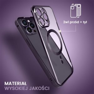 obudowa do iphone 14 pro, podwójna szyba i polerowane aluminium 360° zamykany przód + tył z magsafe, purpurowa