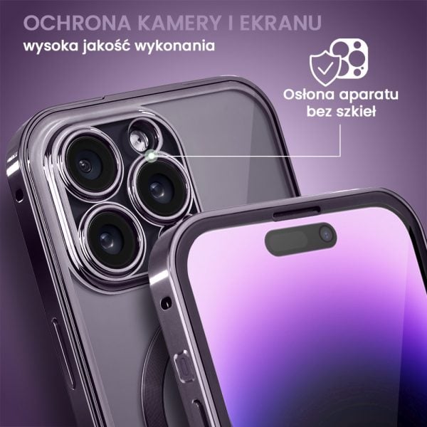 obudowa do iphone 14 pro, podwójna szyba i polerowane aluminium 360° zamykany przód + tył z magsafe, purpurowa