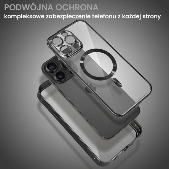 Obudowa do iPhone 15 Pro Max, podwójna szyba i polerowane aluminium 360° zamykany przód + tył z MagSafe, czarna pop