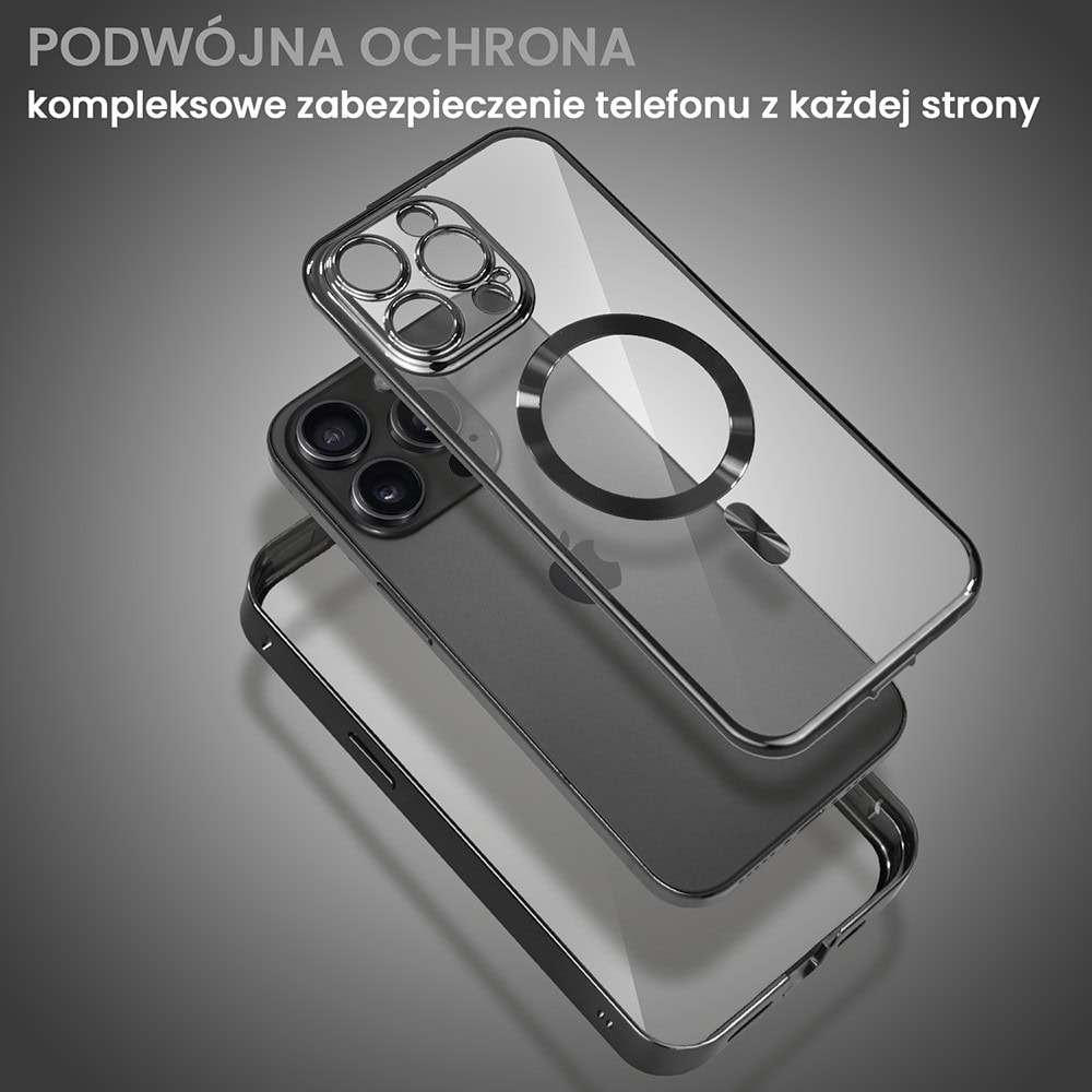 Obudowa do iPhone 15 Pro Max, podwójna szyba i polerowane aluminium 360° zamykany przód + tył z MagSafe, czarna pop