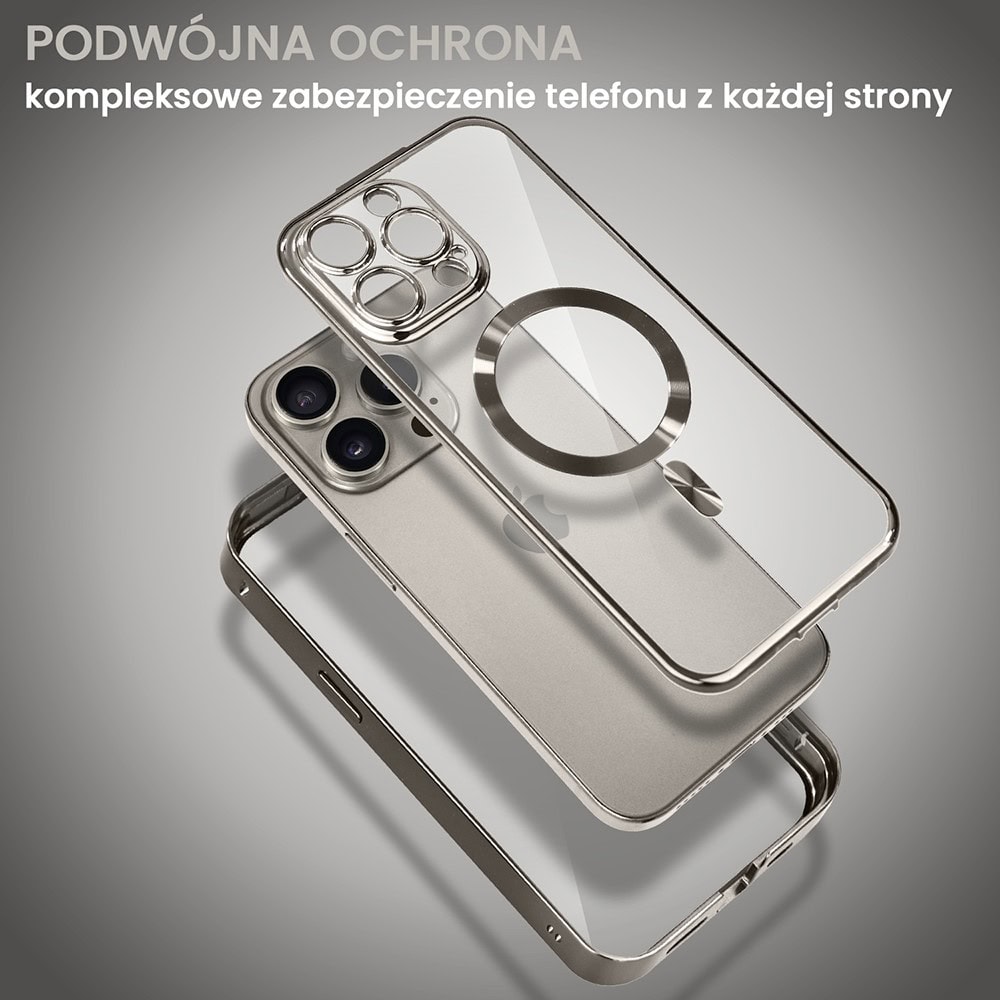 Obudowa do iPhone 15 Pro Max, podwójna szyba i polerowane aluminium 360° zamykany przód + tył z MagSafe, tytanowa pop
