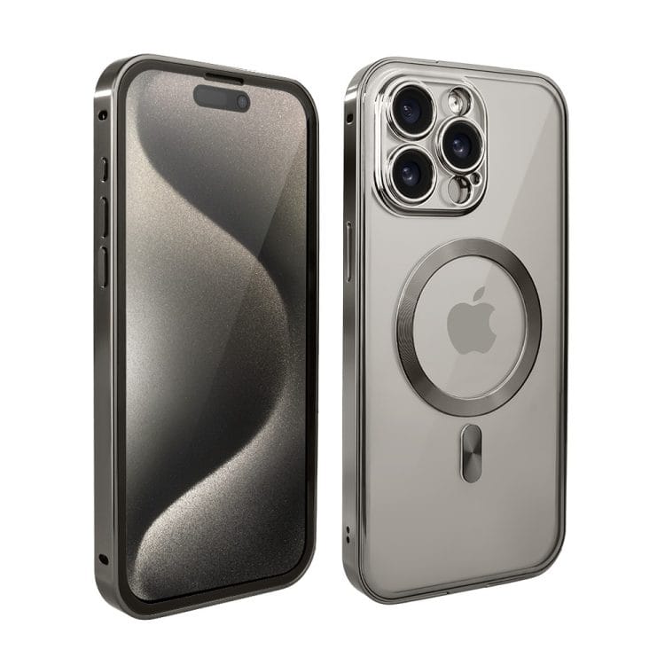 obudowa do iphone 15 pro, podwójna szyba i polerowane aluminium 360° zamykany przód + tył z magsafe, czarna (kopia)