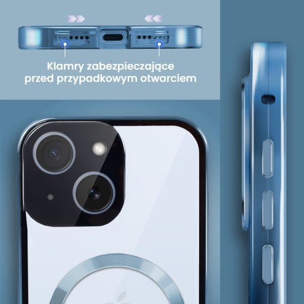 obudowa do iphone 15 podwójna szyba i aluminium 360° przód + tył magnetyczna, z magsafe i osłoną aparatu, niebieska