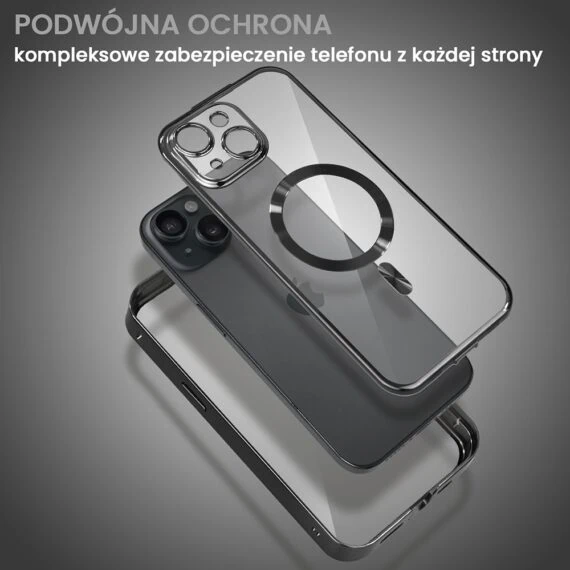 Obudowa do iPhone 15, podwójna szyba i polerowane aluminium 360° zamykany przód + tył z MagSafe, czarna pop