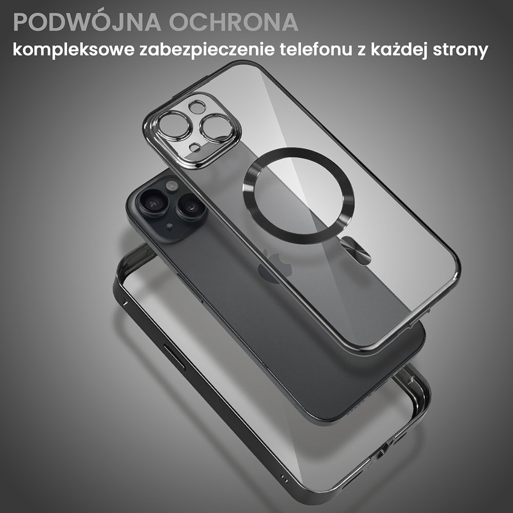 Obudowa do iPhone 15, podwójna szyba i polerowane aluminium 360° zamykany przód + tył z MagSafe, czarna pop