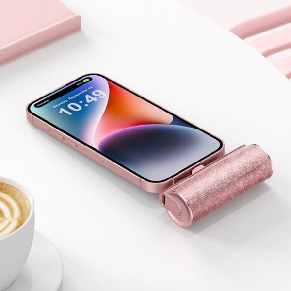 power bank wpinany 5000 mah do iphone 15 (wszystkie modele), brokatowy różowy