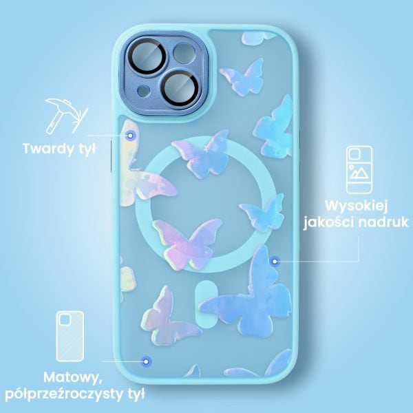 etui do iphone 13 color flush z magsafe, z osłoną aparatu, z opalizującym nadrukiem motylki, niebieskie
