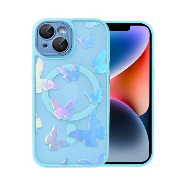 etui do iphone 14 color flush z magsafe, z osłoną aparatu, z opalizującym nadrukiem motylki, niebieskie