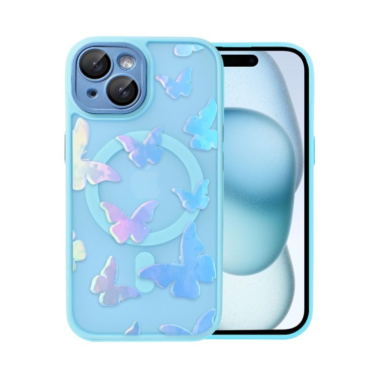 etui do iphone 15 color flush z magsafe, z osłoną aparatu, z opalizującym nadrukiem motylki, niebieskie