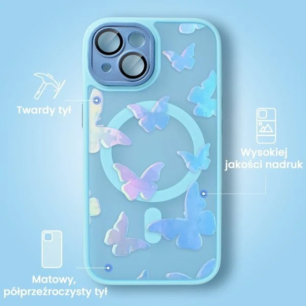 etui do iphone 15 color flush z magsafe, z osłoną aparatu, z opalizującym nadrukiem motylki, niebieskie