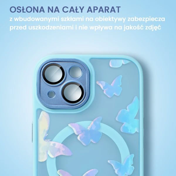 etui do iphone 15 color flush z magsafe, z osłoną aparatu, z opalizującym nadrukiem motylki, niebieskie