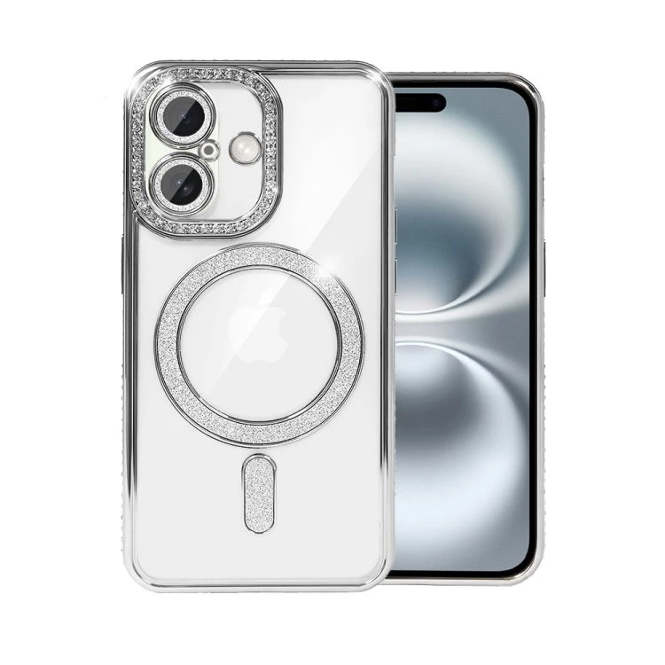etui do iphone 16 diadem glow, błyszczące z magsafe, przeźroczyste, srebrne