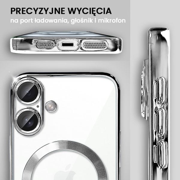 etui do iphone 16 magsafe luxury protect przeźroczyste, hybrydowa ochrona kamery, srebrne