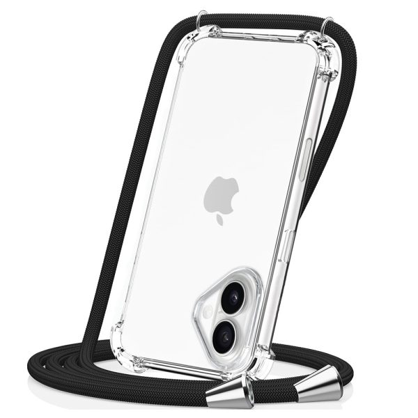etui do iphone 16 wzmacniane crossbody z czarną smyczą jak torebka, przeźroczyste