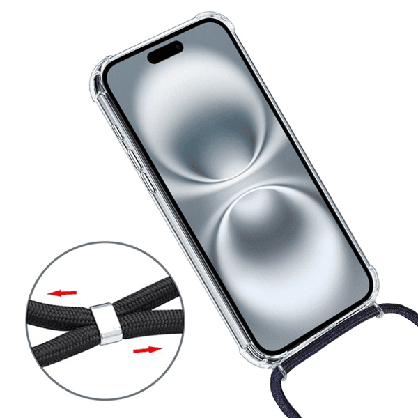 etui do iphone 16 wzmacniane crossbody z czarną smyczą jak torebka, przeźroczyste