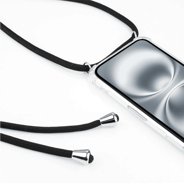 etui do iphone 16 wzmacniane crossbody z czarną smyczą jak torebka, przeźroczyste