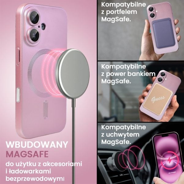 etui do iphone 16 z magsafe, cienkie, metaliczne, z osłoną aparatu, złoty róż