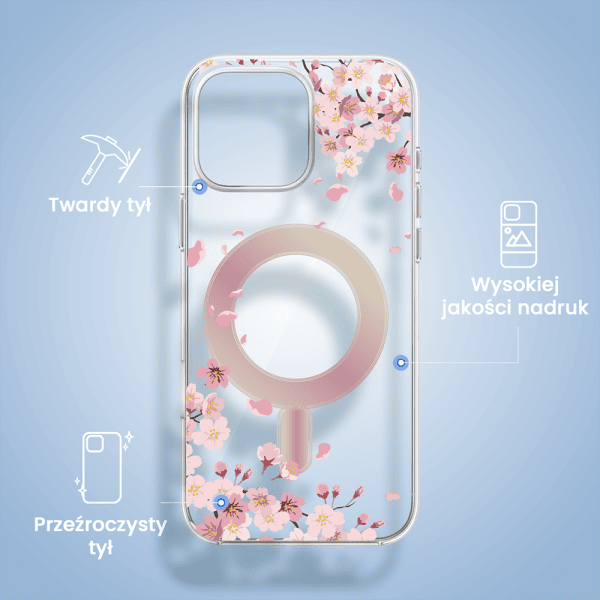 etui do iphone 16 pro flower magsafe z nadrukiem kwiat wiśni, przeźroczyste
